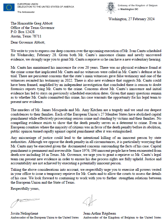 Justice is not achieved by executing a potentially innocent person. #Texas should not execute #IvanCantu. 

With #Belgium holding the 🇪🇺 Council presidency, @BEAmbUSA and I wrote to @GovAbbott, urging him to grant Ivan a reprieve so he can have a new evidentiary hearing.