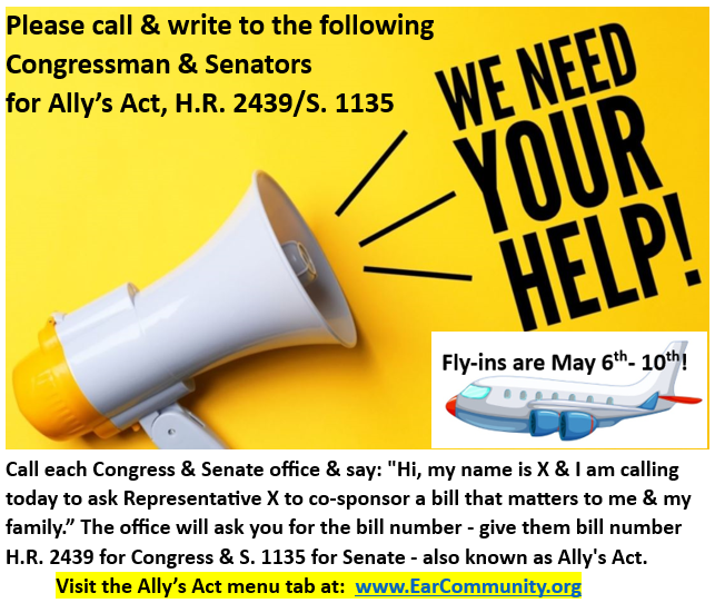 Please help us advocate for Ally's Act, H.R. 2439 & S. 1135, which would ensure private insurers cover BAHA & CI hearing device systems for children & adults from birth to age 64! We need this bill to pass!! ❤️👂 Visit the Ally's Act menu tab at EarCommunity.org