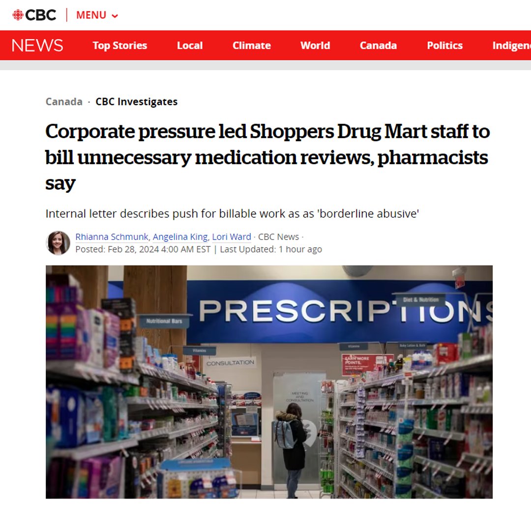 What's the harm in private, for-profit companies delivering publicly-funded health care? Look no further than Shoppers Drug Mart, which subjected employees to 'intense pressure' to bill the province for unnecessary care. #onpoli #onhealth Read more: cbc.ca/news/canada/on…