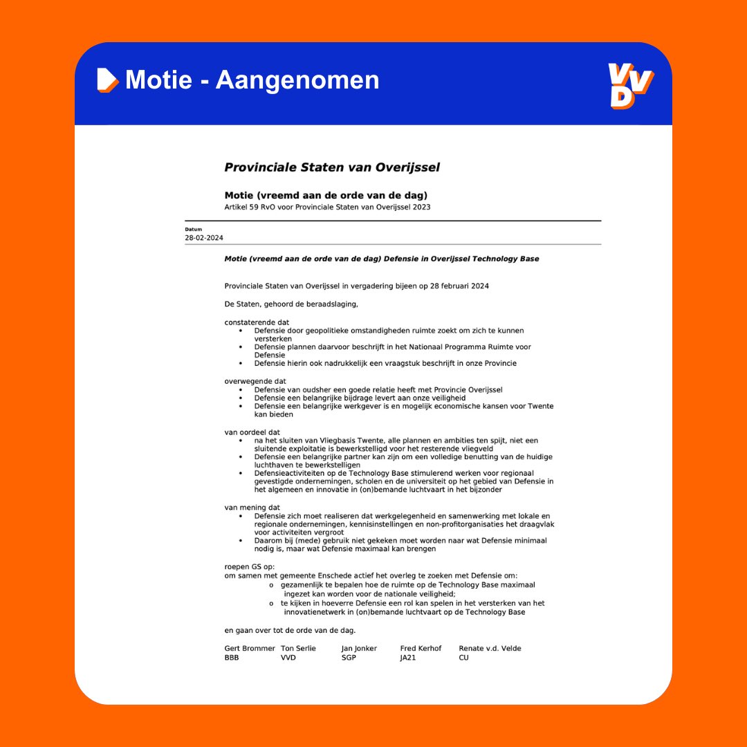 vvdoverijssel's tweet image. 🔸Motie Defensie in Overijssel Technology Base - Aangenomen

De motie die wij samen met BBB, SGP, JA21 en ChristenUnie hebben ingediend zodat Technology Base maximaal ingezet kan worden voor onze nationale veiligheid is aangenomen💪

#technologybase #Defensie #overijssel #motie