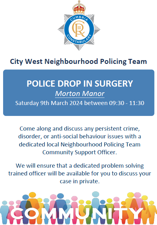 Morton have you got worries about certain areas or issues in your community? We’ll be available to meet people from our local community at Morton Manor on Saturday 9th March between 09:30 - 11:30. #NPT #CommunityPartnerships