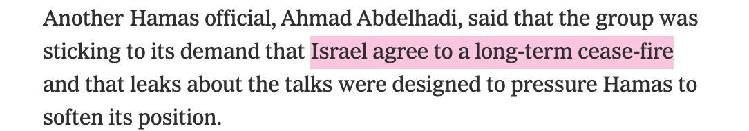 headline: Hamas rejects ceasefire

actual article: Hamas wants a permanent ceasefire but Israel refuses to agree, because they will only accept a pause that allows them to quickly resume annihilating Gaza