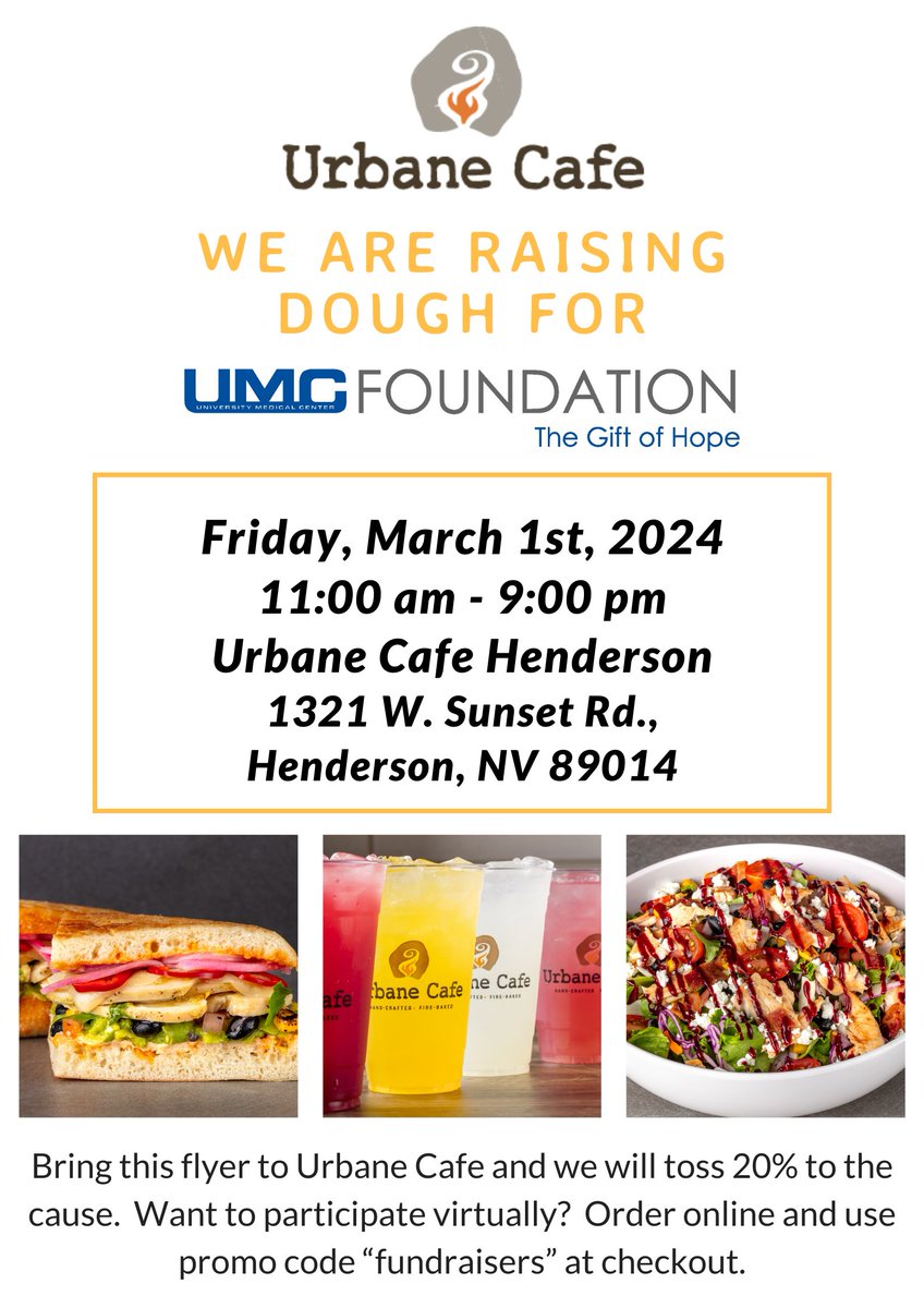 Help support Nevada's highest level of care this Friday at @UrbaneCafe in Henderson! Bring this flyer or order online to have 20% of your bill go to the UMC Foundation. 💻: urbanecafe.com (Promo Code: Fundraisers)