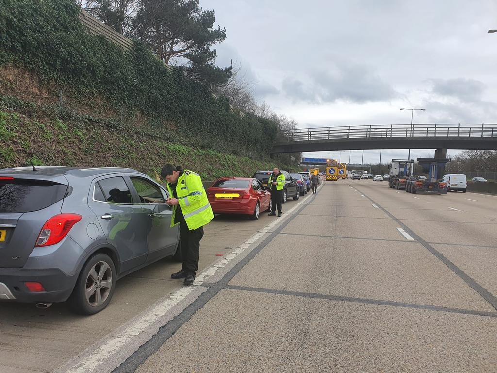 Amongst these vehicles, are 5 drivers who ignored 2 gantries telling them to move into lanes 3 & 4, & a ❌️ on the approach to an RTC on the M25. All have been reported & face 3 points & £100. #RespectTheX, it's used to protect people & allow emergency services quicker access.