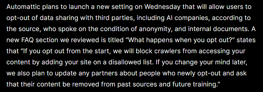 When a company makes a privacy change affecting users an opt-out rather than opt-in, we should ask if the company did that because many users would simply say no if they were asked permission beforehand.🧐 404media.co/tumblr-and-wor…