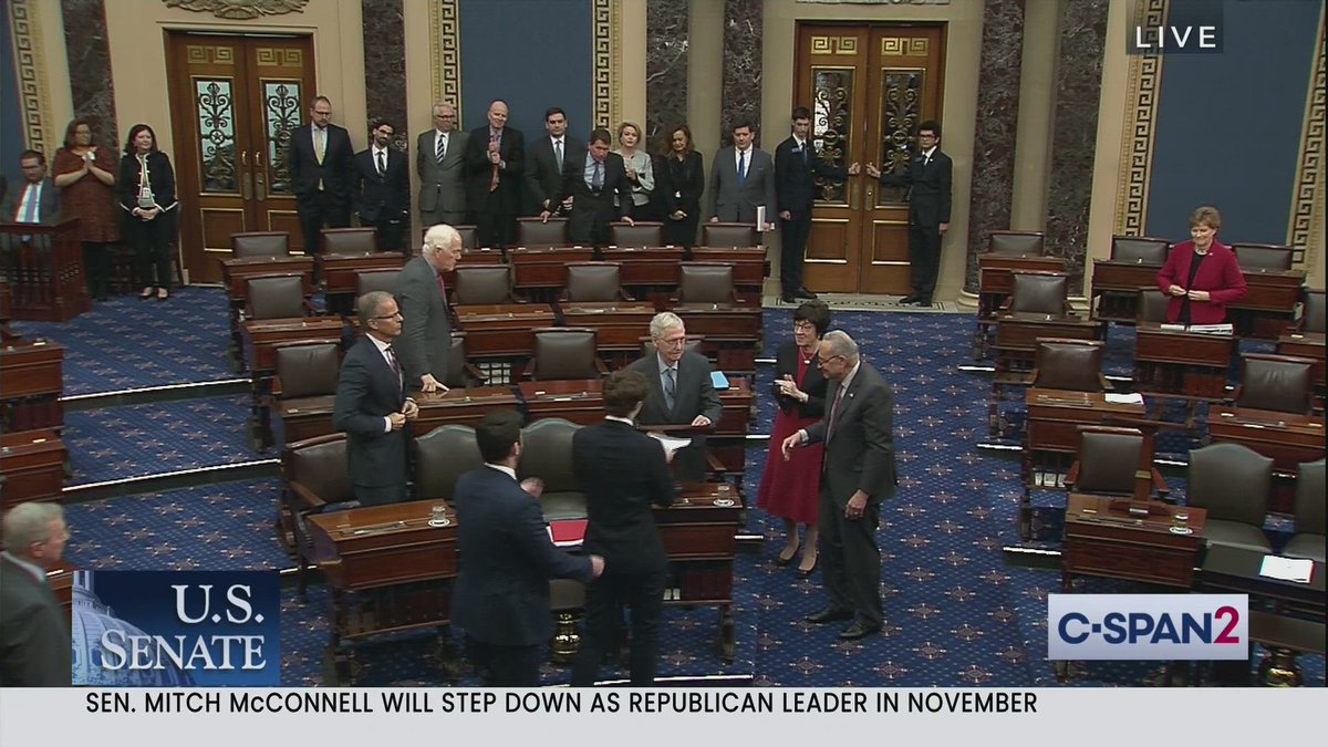 CraigCaplan's tweet photo. Applause in the U.S. Senate chamber as well as hugs and handshakes from Senators including Majority Leader Chuck Schumer after Minority Leader Mitch McConnell announced he's stepping down as Republican Leader in November. https://t.co/ljPMLvMcsh
