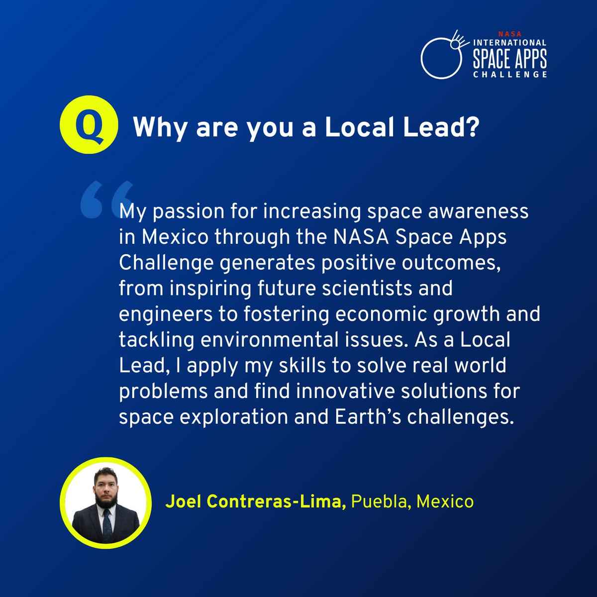 SpaceApps's tweet photo. Meet Joel Contreras-Lima from Puebla, Mexico! As a 3 time Local Lead, he's passionate about raising space awareness & solving real world problems through the @NASA Space Apps Challenge.
Join Joel in shaping the future of space & apply to be a #LocalLead: https://t.co/InvBflOJD6 https://t.co/As5WdjfDfd