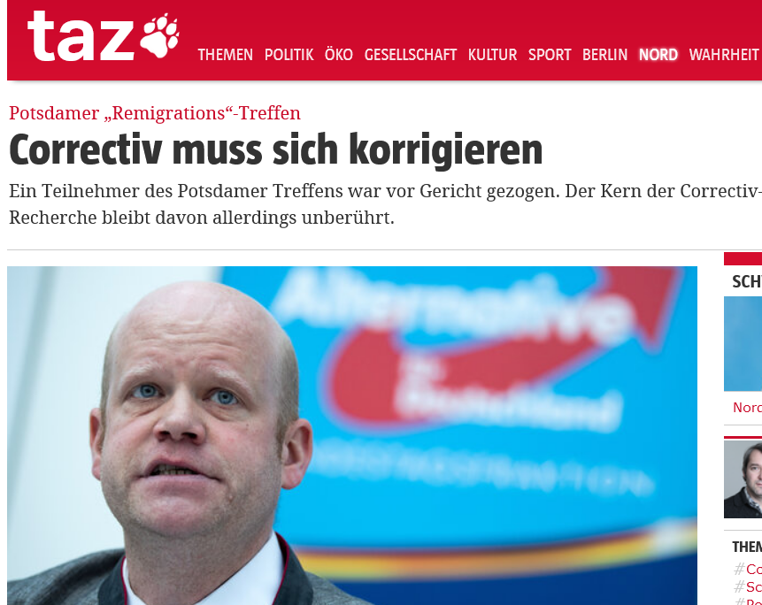 SHomburg's tweet photo. Falsch, liebe taz: Die „Ausweisung deutscher Staatsbürger aufgrund ihrer Ethnie“ hatte Correctiv im Artikel gelöscht:  https://t.co/jUg13RXIy5

Auch die „Deportation Millionen Deutscher” wurde gelöscht: https://t.co/AqXVrSGOdU. Es ist nichts übrig.

Genau genommen ist von der angeblichen Recherche übrig geblieben, dass sich @UlrichVosgerau, andere CDU-Mitglieder und einige AfD-Mitglieder privat unterhalten haben. 

Außerdem hat ein Ausländer namens Sellner, dessen Namen mir vorher nichts sagte, über verstärkte Ausweisungen gesprochen, also eine Idee, die drei Viertel der Deutschen begrüßen. Alle übrige hat Correctiv als seine Meinung hingestellt.

Es ist bestürzend, wie diese Lappalie medial derart aufgeladen werden konnte, dass die Massen freiwillig auf die Straßen strömten wie zuletzt in den 1930er Jahren.

Link: https://t.co/NUAd8v034R