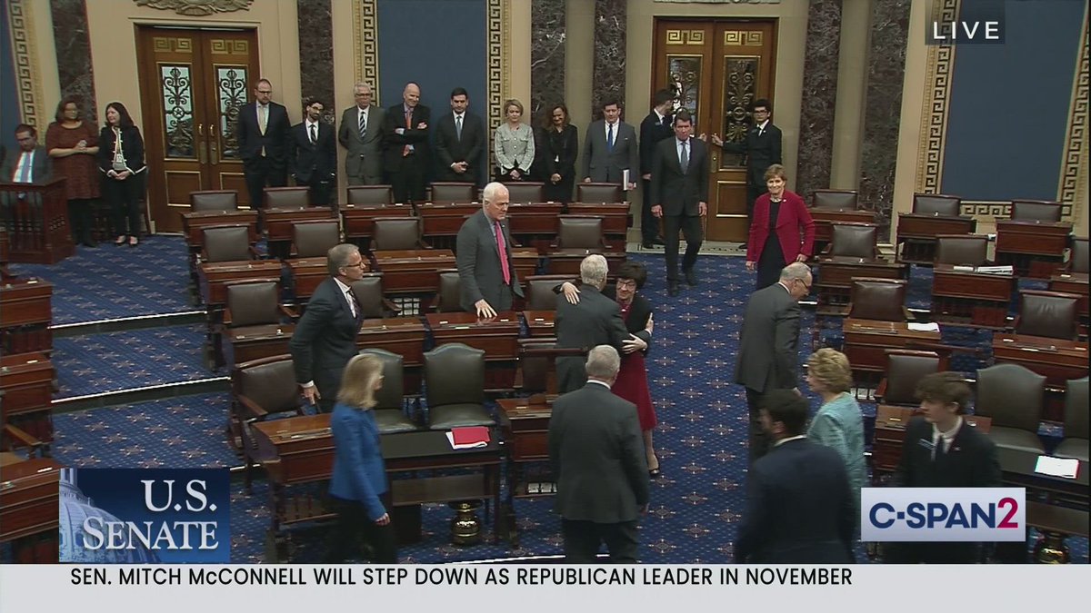 CraigCaplan's tweet photo. Applause in the U.S. Senate chamber as well as hugs and handshakes from Senators including Majority Leader Chuck Schumer after Minority Leader Mitch McConnell announced he's stepping down as Republican Leader in November. https://t.co/ljPMLvMcsh