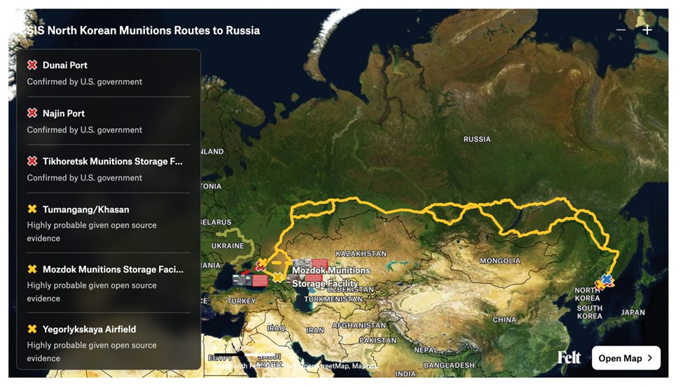 We created an interactive map (<a href="/felt/">Felt</a>) of North Korean Munitions Routes to Russia.

Access🗺️here: felt.com/map/CSIS-North…
