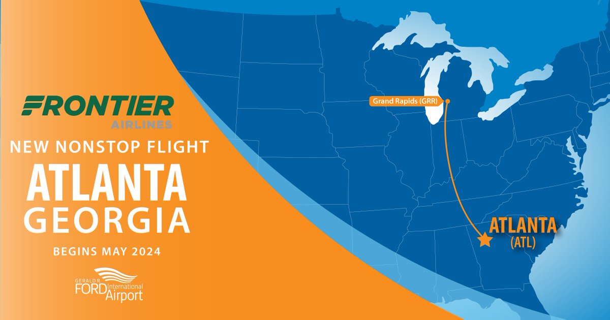 'Hello, Atlanta!' 🍑 @FlyFrontier is adding a new nonstop flight from GRR to Atlanta, GA, starting May 2024! ✈️ Book your Atlanta adventure today with fares starting at just $19! View Frontier's current nonstop destinations and more at FlyFord.org.
