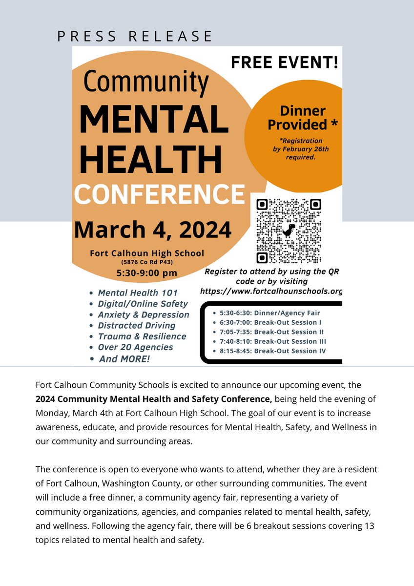 NEadvantage's tweet image. This is a neat thing being held by Fort Calhoun Community Schools, and we're excited to help tell the important story!

The 2024 Community Mental Health and Safety Conference is open to everyone, and a great example of school-community collaboration we often talk about. #RootedNE
