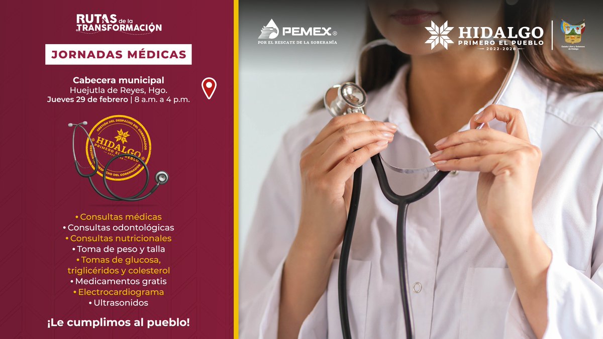 ¡#JornadasMédicas en #HuejutlaDeReyes este jueves 29 de febrero! 🫱🏼‍🫲🏽

Consulta médica 🩺, ultrasonido 📡, electrocardiograma 💓 y más servicios disponibles.

Tu bienestar es nuestra prioridad. ¡Te esperamos! #PrimeroElPueblo