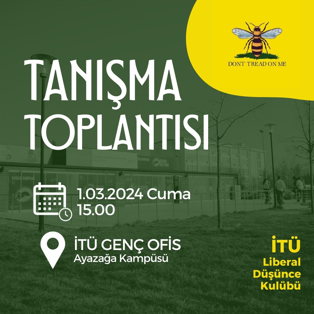 Selamlar İTÜ'lü liberaller!

İTÜ’deki özgürlükçü düşünceyi geliştirmeyi amaçlayan İTÜ Liberal Düşünce Kulübü'nün kuruluşunda görev almak isteyen ve fikirleriyle katkı sağlayarak yardımcı olmak isteyen herkesi, 1 Mart Cuma günü saat 15.00’de Genç Ofise bekliyoruz.