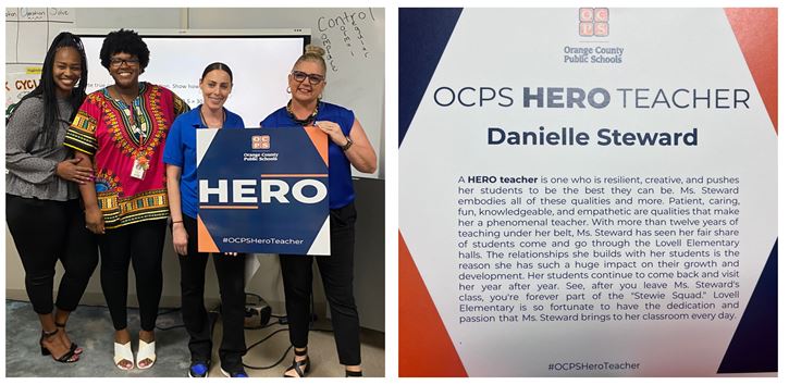 Lovell_Elem's tweet photo. Ms. Steward was chosen as an #OCPSHeroTeacher 
today. Ms. Steward is patient, caring, fun, knowledgeable, and empathetic. She builds relationships with her students that last forever. Thank you Ms. Steward for your dedication to our students. @melissa_sarasty #LovellUpGameOn https://t.co/nzgOkL1BRy