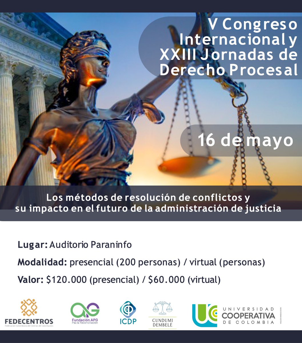 Les invitamos al V Congreso Internacional y a las XXIII Jornadas de Derecho Procesal el próximo 16 de mayo de 2024. El evento será presencial en la ciudad de Bogotá y tendrá transmisión virtual. Más información e inscripciones en: drive.google.com/file/d/10wAvlP…