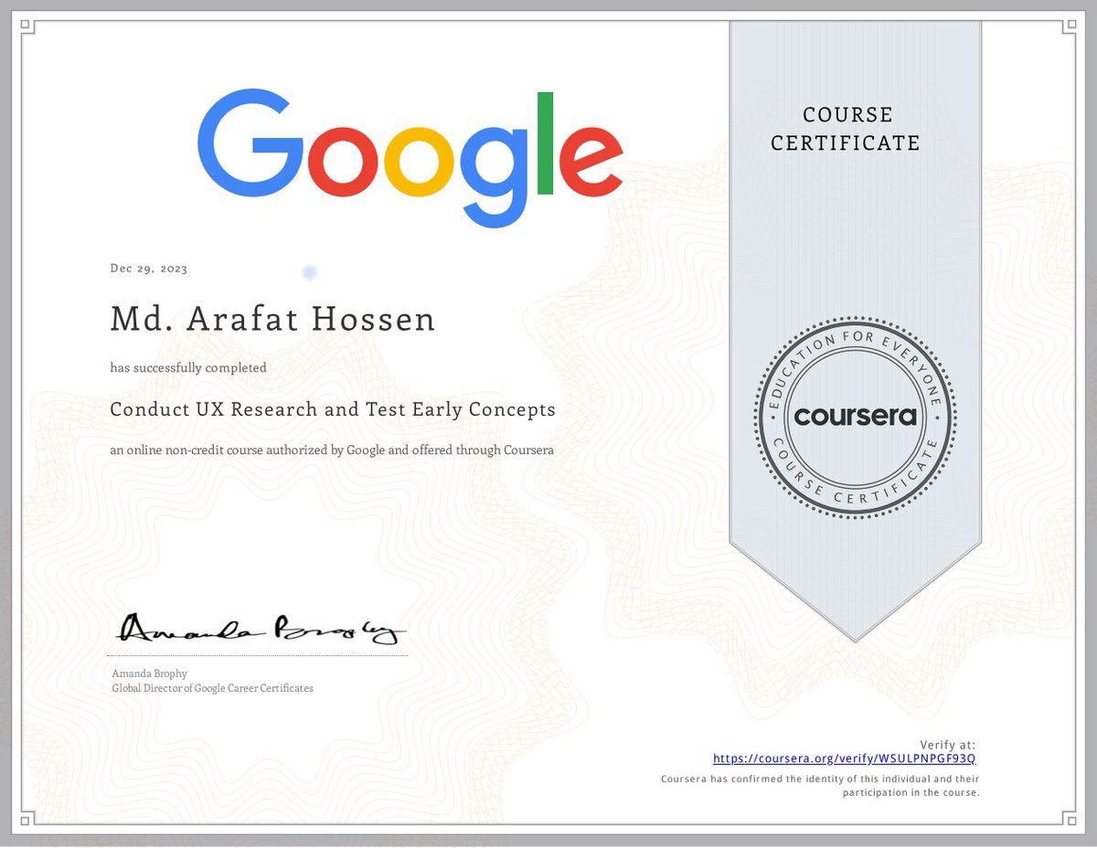 uxerarafat's tweet image. Hi X fam! I completed Course 4 &quot;Conduct UX Research and Test Early Concepts&quot; in the Google UX Design Professional Certificate! Mastered planning studies, running usability test, and transformed insights into impactful design improvements!💪🎓 #UXResearch #GoogleCertification 🚀✨