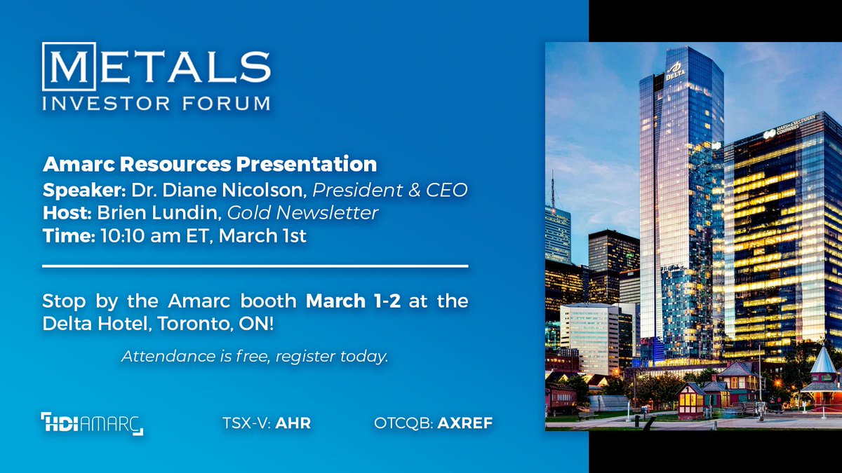 Meet the Amarc $AHR.V | $AXREF team at the @MetalsInvtForum #MIF2024 March 1-2 at the Delta Hotel in Toronto. CEO Dr. Diane Nicolson will be presenting at 10:10am ET on March 1 during @Brien_Lundin's session. Attendance is free, register today 🔽🔽🔽 hubs.li/Q02mzQsx0