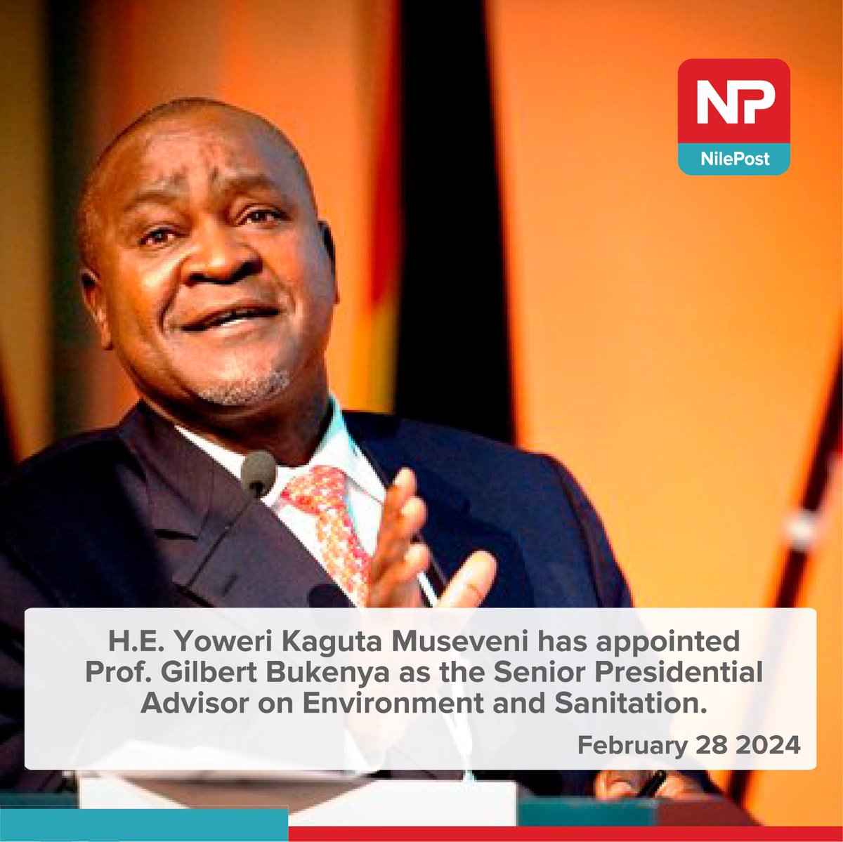 President Museveni  has appointed, Prof. Gilbert Bukenya Former Vice President as the Senior Presidential Advisor on Environment and Sanitation.