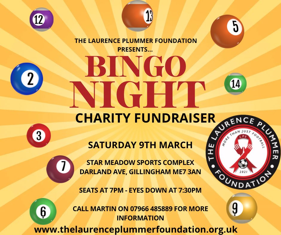 EYES DOWN FOR A FULL HOUSE….

It’s B-I-N-G-O time

Saturday 9th March at Star Meadow Sports Complex

Money raised will go to The Laurence Plummer Foundation

#charityevent
#thelaurenceplummerfoundation
#bingo