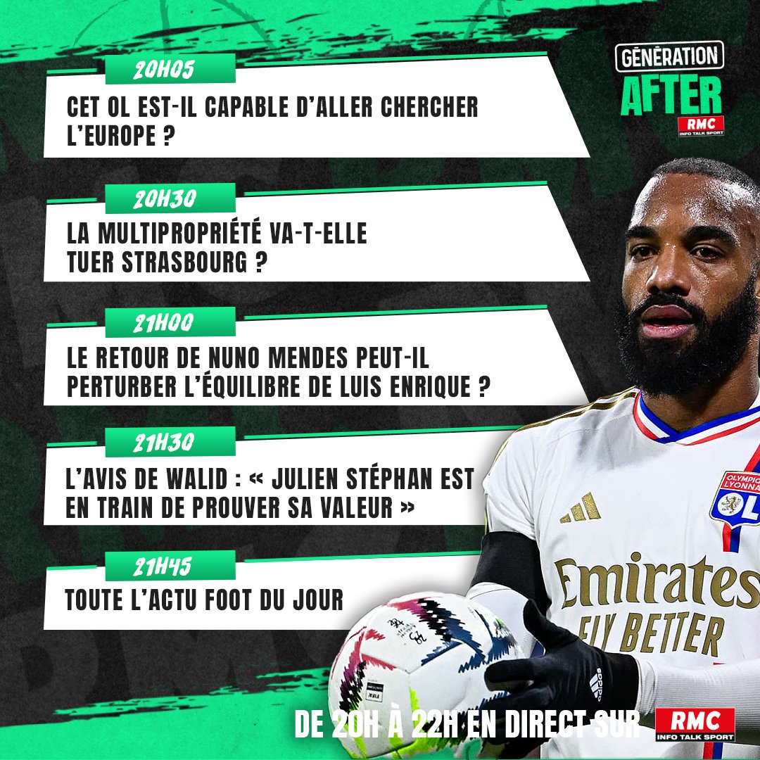 📻 Ce soir, c'est Génération After ! On se retrouve dans une grosse heure pour parler OL, PSG, Strasbourg et Rennes notamment. 👥 @nicojamain, @walidacherchour, @kevindiaz11 et @___Sofiane