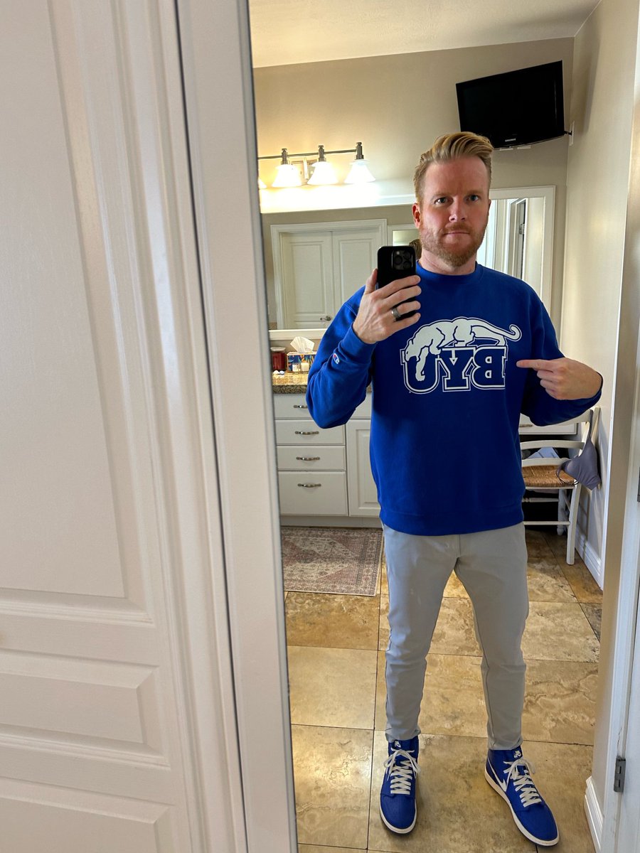 Today’s fit check. After last night’s win, I had to. Let’s go Cougars!!! 😎 #DownGoTheJayhawks #BeatKansas #Big12MBB @BYUMBB #BYUhoops
