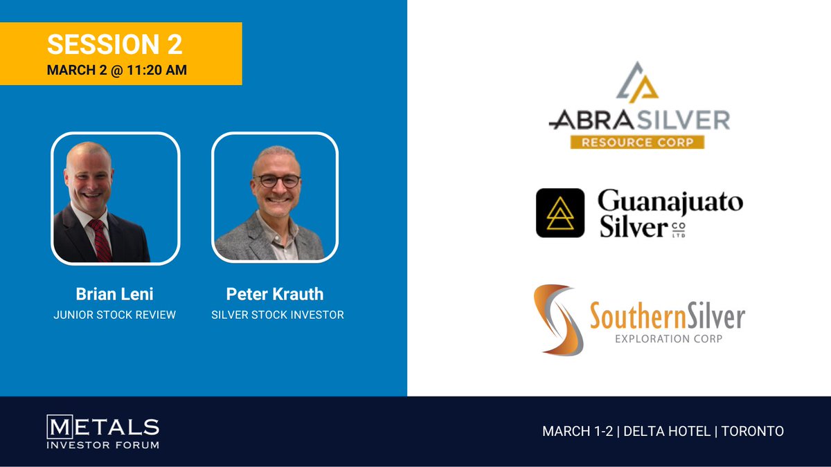 Brian Leni, @Junior_Stock, and @peter_krauth, Silver Stock Investor, will host @AbraSilver, @GSilver_co & @Southern_Silver during session 2 on March 2 at the #Toronto Metals Investor Forum Admission is free! Sign up: bit.ly/4bEMeMv #MIF2024