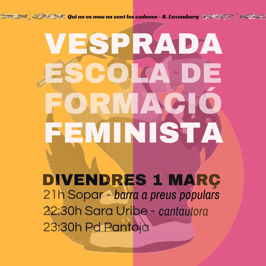 💫Aquest divendres acabarem l’Escola Feminista amb sopar i música! 

💃Si no pots venir a l’Escola, t’esperem igualment a partir de les 21h a @calapanarra per encarar de la millor manera el 8M!