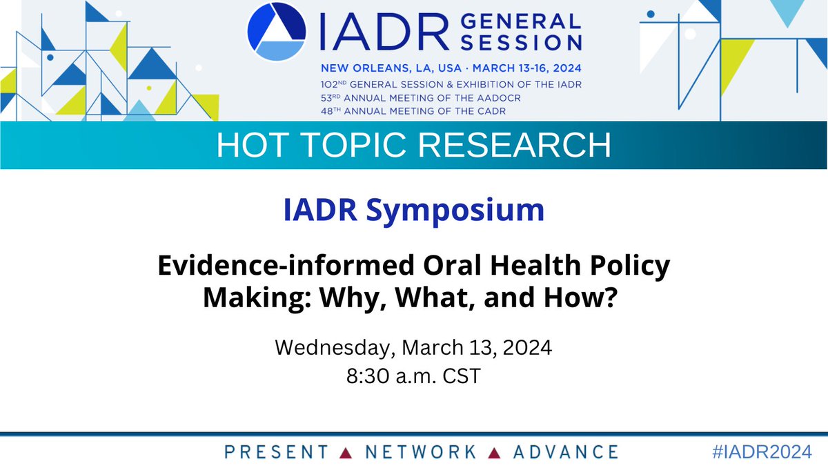 Don't miss the #IADR2024 Symposium, Evidence-Informed Oral Health Policy Making: Why, What, and How? oraganized by Stefan Listl, on Wednesday, March 13, 2024 at 8:30 a.m. CST!