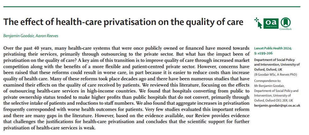 New review out in @TheLancetPH today with @aaronsreeves: What is the impact of healthcare privatisation on quality of care? 'We find a fairly consistent picture... privatisation comes at the expense of quality of care' Link: thelancet.com/journals/lanpu…