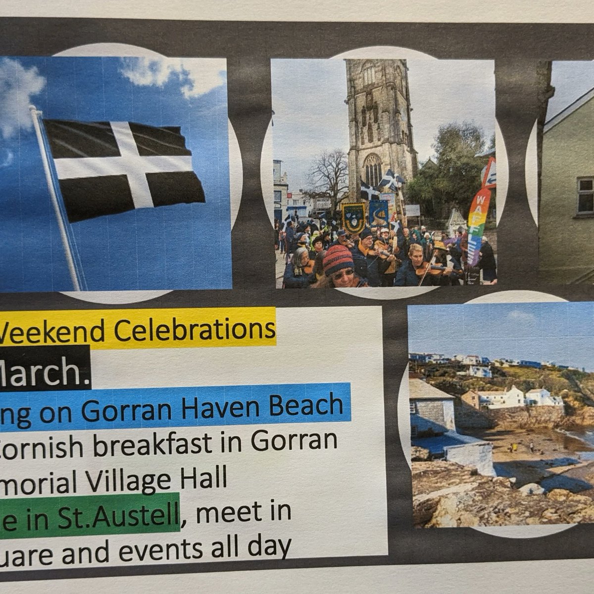 St.Pirans events start on Saturday, to celebrate all things Cornish. Join us on Gorran Haven beach at 10am for singing and a breakfast after. Events all day in St Austell and the parade at 1.30pm from Aylmer Square. Kernow bys vyken!
