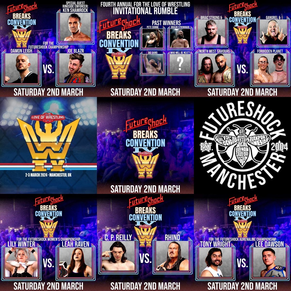 3/3 @FutureShockWres ■ @DamonLeigh V @JoeBlazr w/ @ShamrockKen ■ Invitational Rumble ■ @briacstrong/@MaxBrooker15/@rizmankhan_ V @gangrel13/@starkillerbirch /Aiton Steen ■ @lilywintermcr V @The_LeahRaven ■ CP Reilly V @Rhyno313 ■ @tony_wright97 V @tnleedawson01