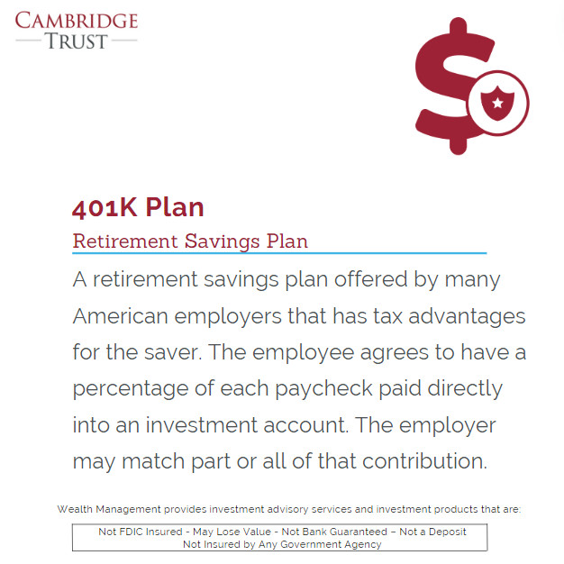 Planning for your future has never been easier with a 401K plan! Secure your financial stability and retire comfortably by investing in your tomorrow today. Learn more about the ways we can help you on your way to wealth: cambridgetrust.com/wealth-managem… #WhatDoesItMeanWednesday