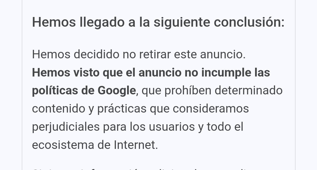 ccarballo50's tweet photo. Esta es la respuesta de @GoogleES ante la denuncia de falsificación de identidad y estafa al consumidor de unas pastillas para adelgazar que YO NO ANUNCIO.

Una pena, para @GoogleES
la pela es la pela, es decir, si les pagas, tienes derecho a estafar a los consumidores. https://t.co/1hwYYVqsBI