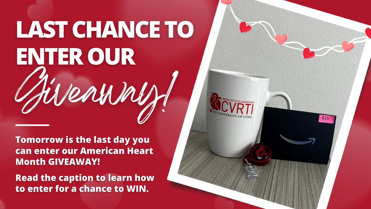 UofU Nora Eccles Harrison CVRTI (@neh_cvrti) on Twitter photo Don't miss our #AmericanHeartMonth GIVEAWAY! ❤️
Enter for a chance to #WIN CVRTI swag and an Amazon gift card! To enter, RETWEET this post and FOLLOW us on Twitter (<a href="/NEH_CVRTI/">UofU Nora Eccles Harrison CVRTI</a>).
February 29th is the last day you can enter - join our giveaway today!
#hearthealth #twittergiveaway Don't miss our #AmericanHeartMonth GIVEAWAY! ❤️
Enter for a chance to #WIN CVRTI swag and an Amazon gift card! To enter, RETWEET this post and FOLLOW us on Twitter (<a href="/NEH_CVRTI/">UofU Nora Eccles Harrison CVRTI</a>).
February 29th is the last day you can enter - join our giveaway today!
#hearthealth #twittergiveaway