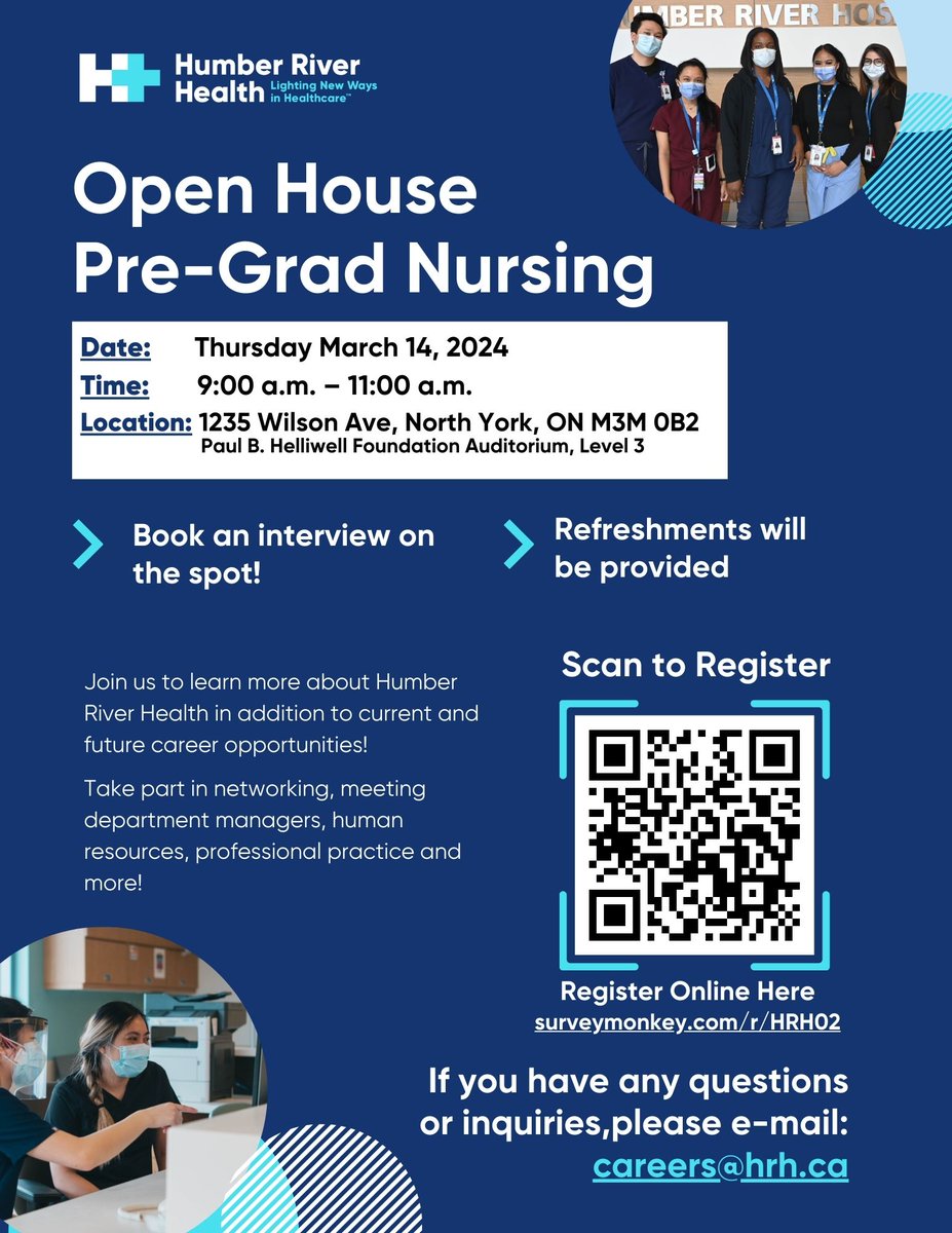 What will your nursing journey look like? Come visit our Pre-Grad Nursing Open House to discover your next opportunity! See you on March 14! 
 
Visit the link below to register ⬇️
surveymonkey.com/r/HRH03