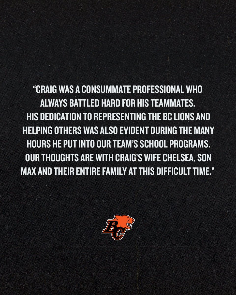 Heartbreaking to hear about former BC Lion Craig Roh's passing. Our hearts go out to Craig’s wife Chelsea, son Max and their entire family at this difficult time. 

RIP Craig 🧡