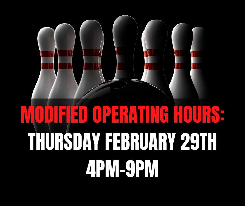 GatewayBowl's tweet photo. Please note that we will be closing early on Thursday February 29th. Our modified hours will be from 4PM-9PM! ๐ณ #gatewaylanes #modifiedhours https://t.co/DDfX1CeVVx