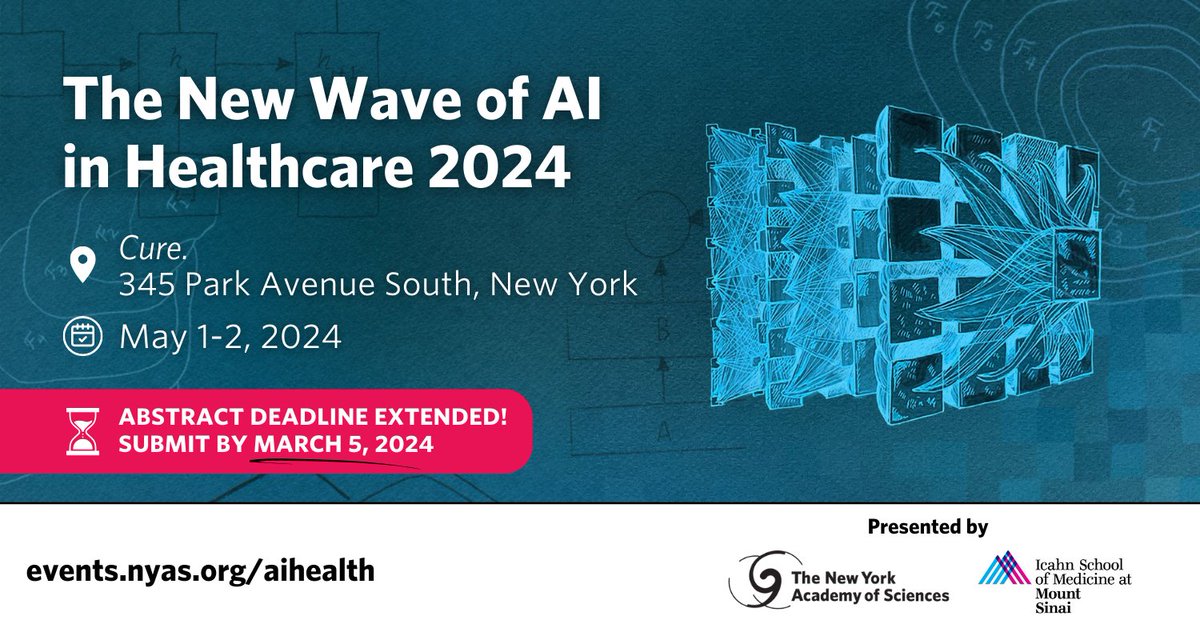 There’s still time! Submit an abstract for The New Wave of AI in Healthcare 2024 and present your work to leaders and researchers in the fields of machine learning and medicine. Submissions open until March 5! @NYASciences @IcahnMountSinai #NewWaveAIHealth events.nyas.org/aihealth