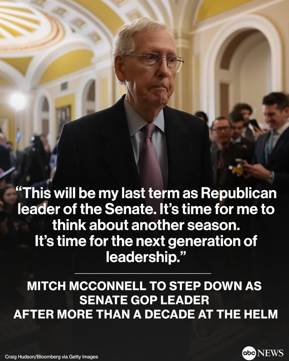 BREAKING: Sen. Mitch McConnell has announced that he will step down as Senate Republican leader in November after more than a decade at the helm. 'One of life's most underappreciated talents is to know when it's time to move on to life's next chapter.' trib.al/MvG7Nhm