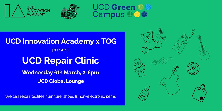 We are teaming up with @UCD_Innovators to put on a Repair Clinic next Wednesday for all @ucddublin students & staff. An event to give your broken items a new lease of life, from repairing small furniture items to rejuvenating your favourite pair of jeans eventbrite.ie/e/ucd-innovati…