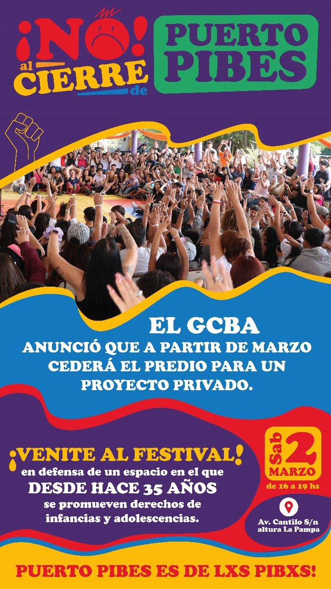 NO AL CIERRE DE PUERTO PIBES‼️

El GCABA anunció, mediante una notificación a lxs trabajadorxs, que a partir de Marzo entregará el predio para un proyecto privado, sin mediar explicación alguna y sin garantizar la continuidad de los programas que allí funcionan.