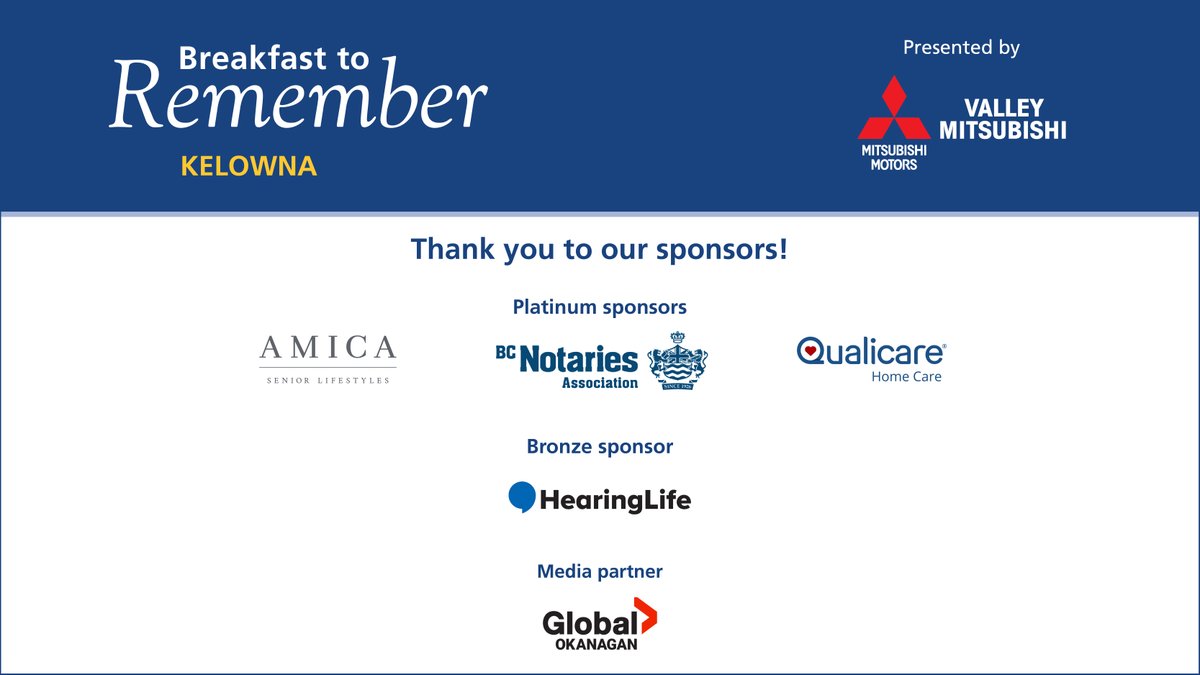 AlzheimerBC's tweet photo. #BreakfasttoRemember in #Kelowna is tomorrow! Thank you to our sponsors, including presenting sponsor @ValleyMitsu, for your support in making our event possible. Learn more: https://t.co/824hjeSTfK
#Dementia #BreakfastToRemember https://t.co/cjWX110eHH