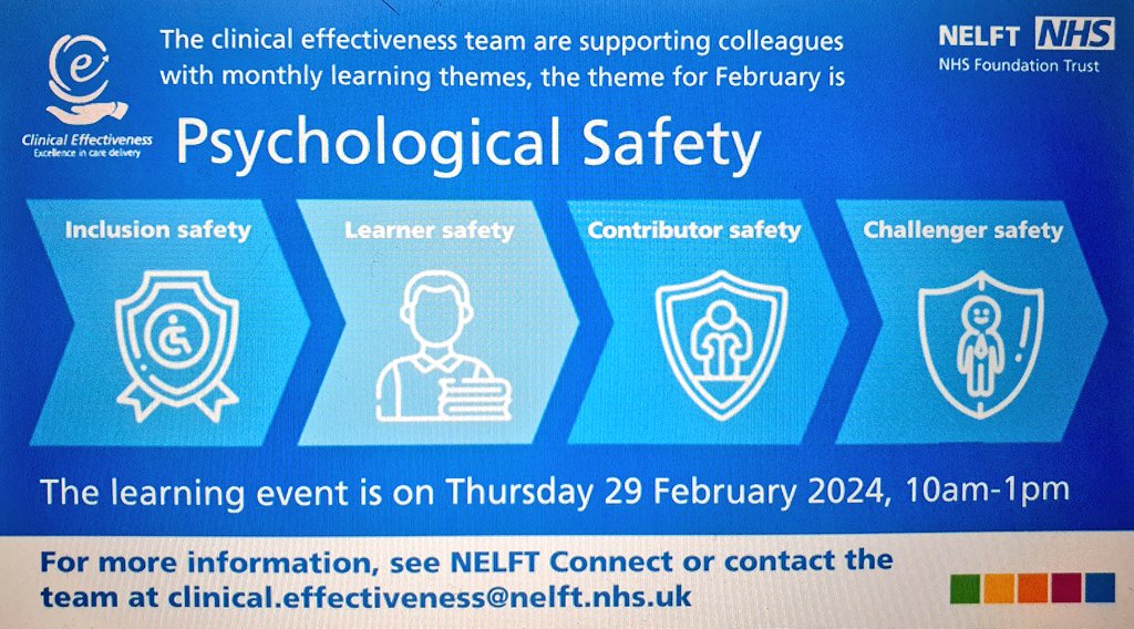 Looking forward to our learning event tomorrow on Psychological Safety. We have a variety of great speakers presenting. #openness #fairness #learning @CathrineLund4 @KDerben @BansalHarjit @sealy763 @RebeccaRowley20 @KateFTSUG_NELFT @NELFT @NELFTLetsEngage