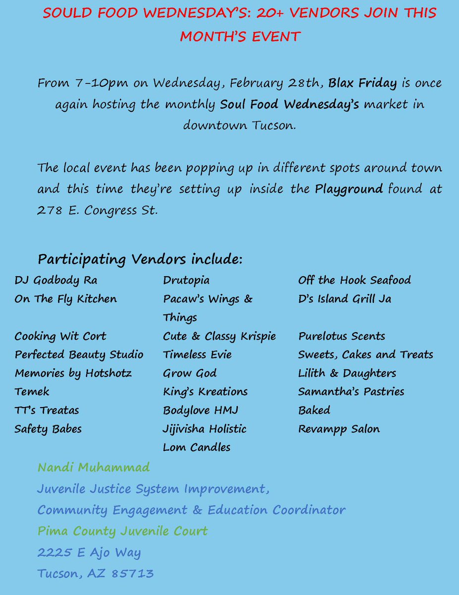 If you like soul food, tonight is #souldfoodwednesday and the night to come to <a href="/DowntownTucson/">Downtown Tucson</a> for some good eats!!