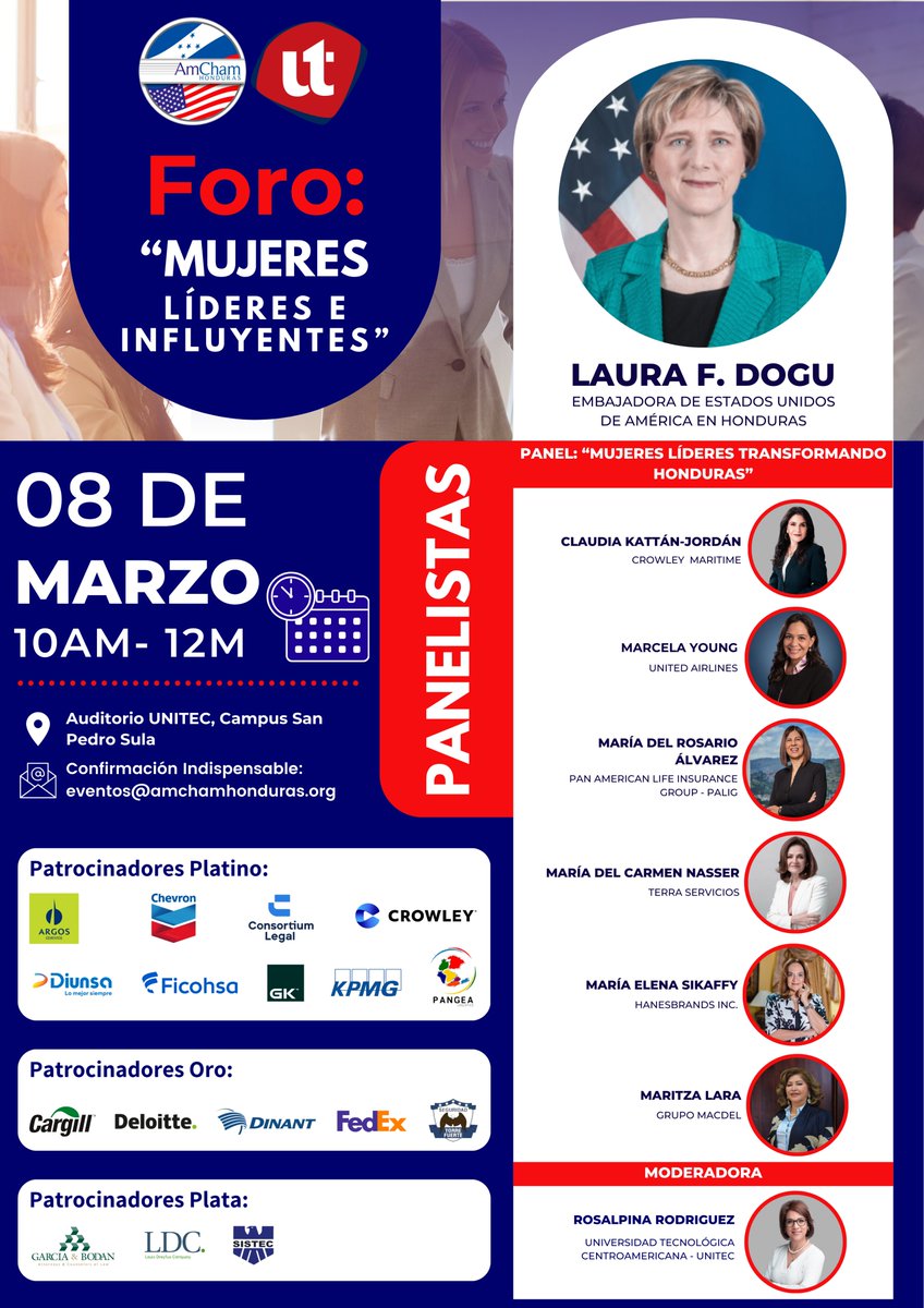 Le invitamos a participar en nuestro evento en conmemoración al día internacional de la mujer:

📅 Viernes 08 Marzo, 2024
⏰ 10:00 a.m. - 12:00 m.
📍 Auditorio UNITEC, Campus San Pedro Sula
📩 Confirmación: eventos@amchamhonduras.org

#DíaDeLaMujer #EventoEspecial #AmChamHonduras