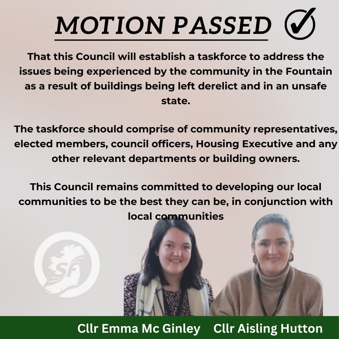 @ahutts @EmmaMcGinleySF passed a motion at Council to tackle dereliction in The Fountain Estate which is causing a serious health and safety hazard! A taskforce will be set up to get the relevant people around the table .A first step to dealing with citywide dereliction