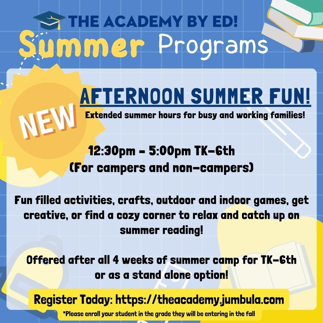 ElSegundoEdFnd's tweet image. 😎 NEW THIS SUMMER - AFTERNOON SUMMER FUN 😎
.
Afternoon Summer Fun is a mix of fun activities for post-campers or for those kids wanting to share in the fun for the afternoon! 
.
Don't wait, sign up today! 
Register @ theacademy.jumbula.com