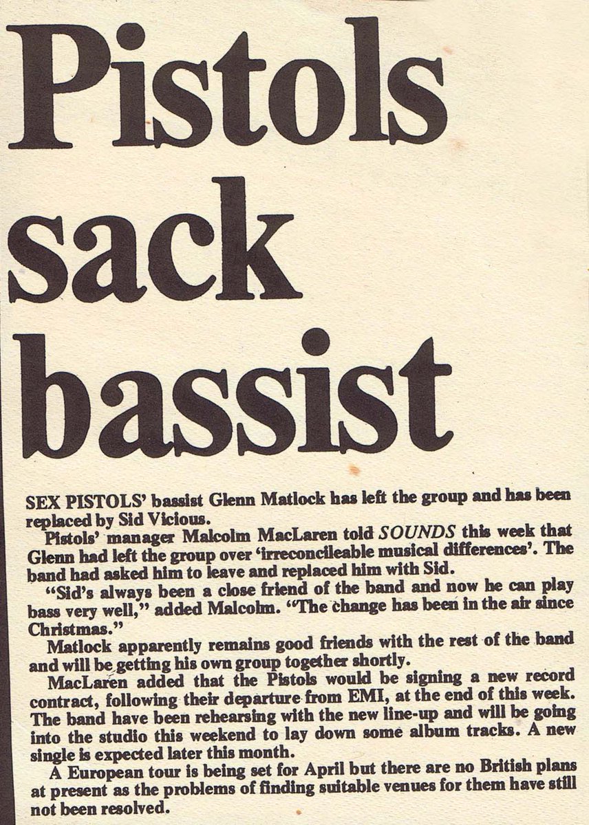 On this day in 1977 it was officially announced to the press that Glen Matlock had left the group to be replaced by Sid Vicious. Sid had been rehearsing with the band for several weeks and had already taken part in a radio interview, along with Johnny Rotten.