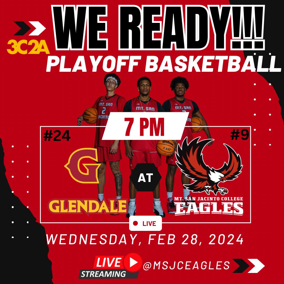 🚨PLAYOFF GAME DAY🚨
🕖7pm
📍MSJC-San Jacinto Campus
🆚 Glendale College 
📺 YouTube: MSJC Athletics